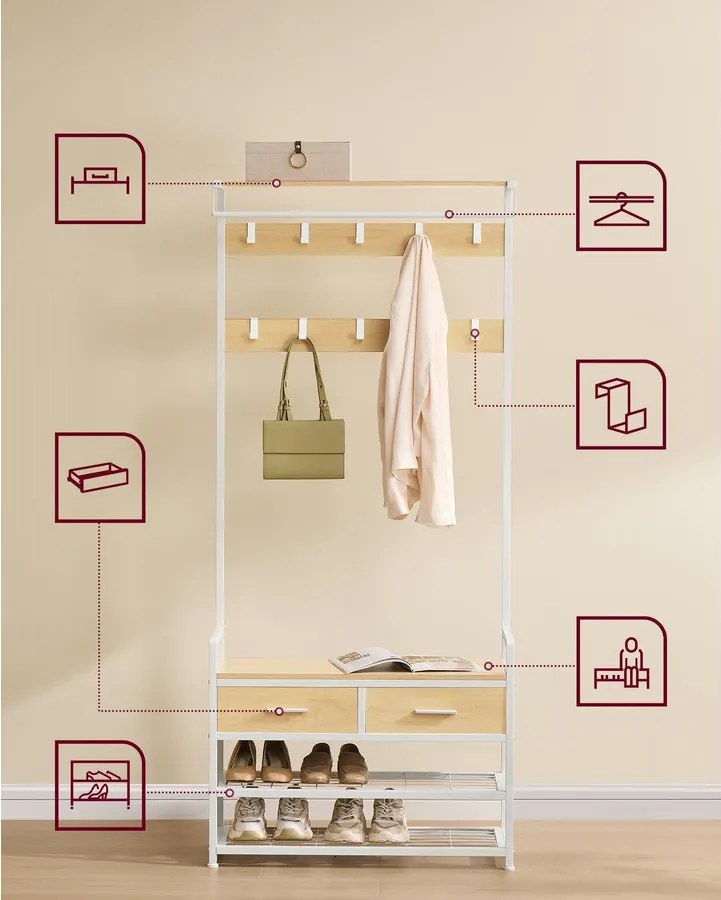 Kabátállvány cipőpaddal, 2 fiók, 10 akasztó, matt arany tölgy