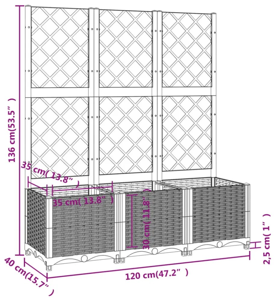 világosszürke PP rácsos kerti ültetőláda 120 x 40 x 136 cm