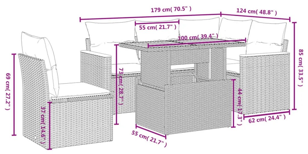 6 részes fekete polyrattan kerti ülőgarnitúra párnákkal