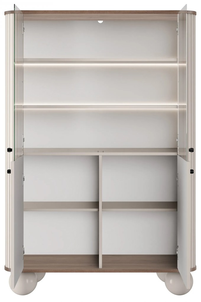 Vesper négyajtós vitrin 103 cm - kasmír / dió / fekete fogantyúk / gömb lábak