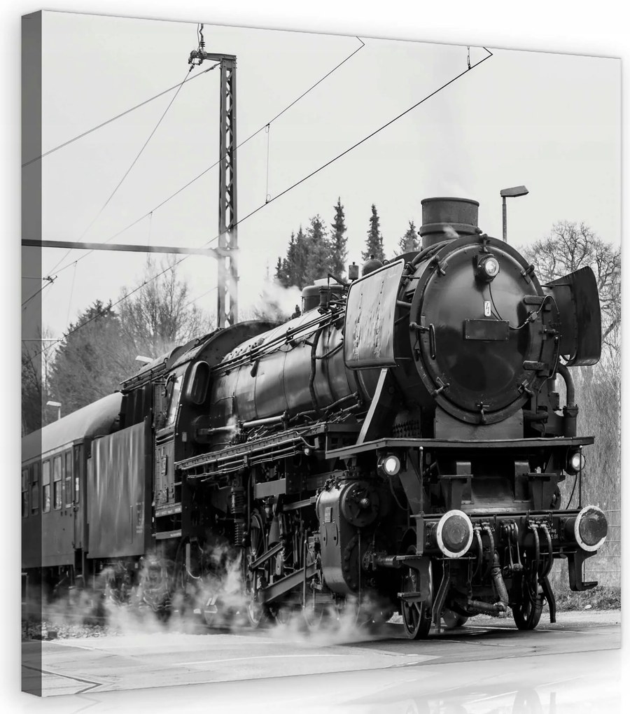 Vászonkép 40x40 Gőzmozdony vasút fekete-fehér retro ipari táj utazás