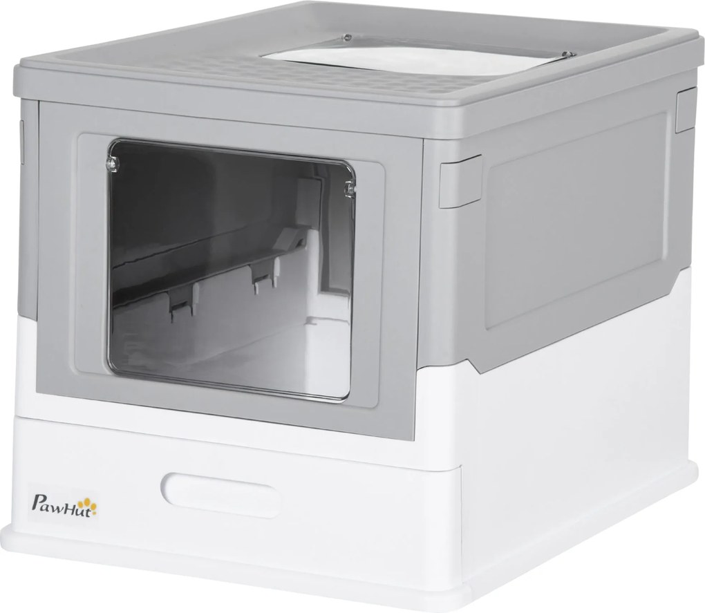 PawHut Fedeles Macska Alomtálca, Zárt Macska WC Kotorékkal, Kihúzható Tálca, Macska WC 5 kg-ig 47.5 x 35.5 x 36.7 cm Fehér + Szürke | Aosom