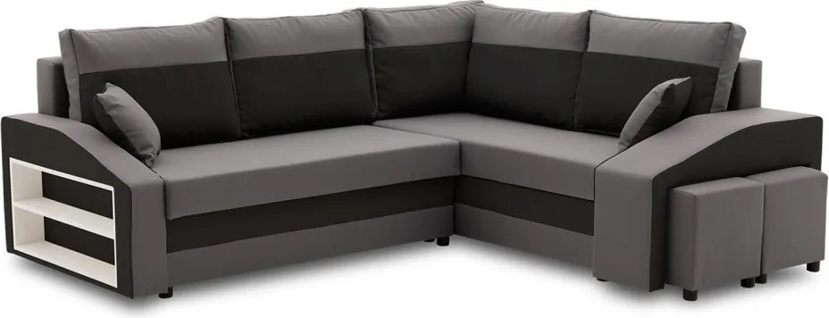 Grande sarokkanapé polcokkal és puffokkal , polc a bal karfaban puffok a jobb karfaban, jobboldali, szövet anyag, bonell töltet, szürke - fekete