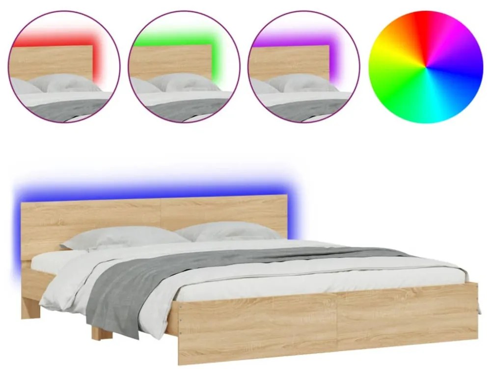 sonoma tölgy színű ágykeret fejtámlával és LED-del 200 x 200 cm
