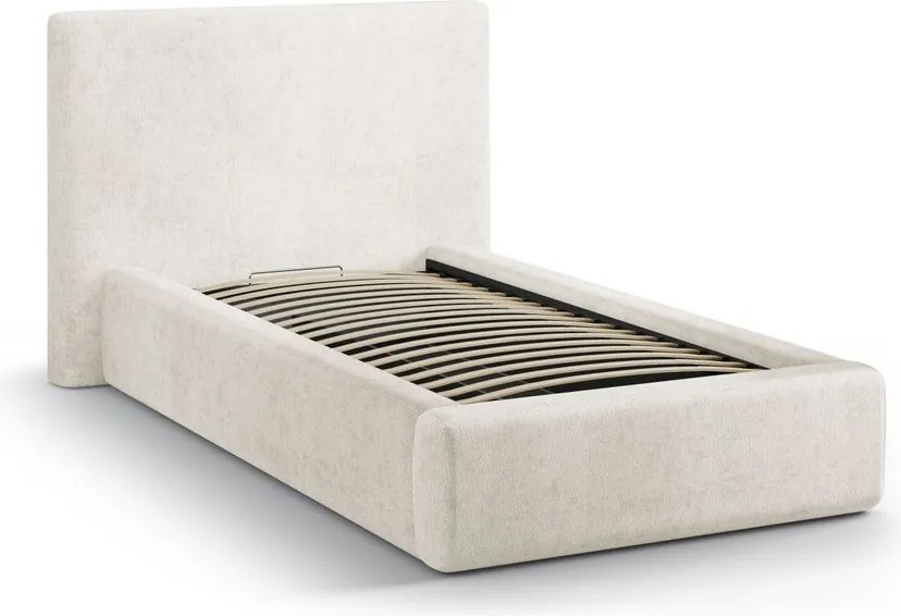 Krémszínű kárpitozott ágyneműtartós egyszemélyes ágy ágyráccsal 90x200 cm Amy – Micadoni