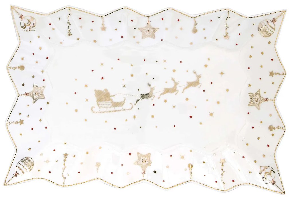 Christmas Lights fehér arany karácsonyi porcelán kínáló tálca 35x23 cm