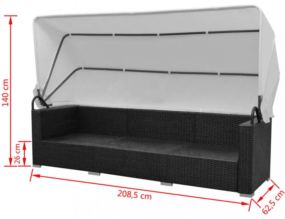 vidaXL 7 darabos fekete polyrattan kerti bútorszett napellenzővel
