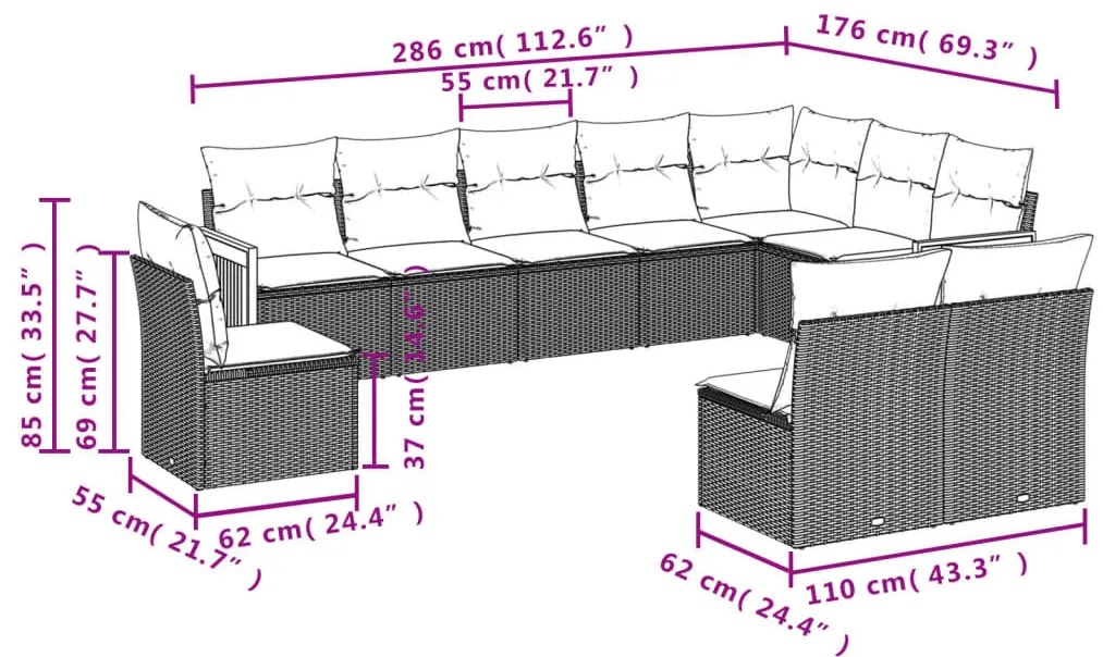 10 részes szürke polyrattan kerti ülőgarnitúra párnákkal