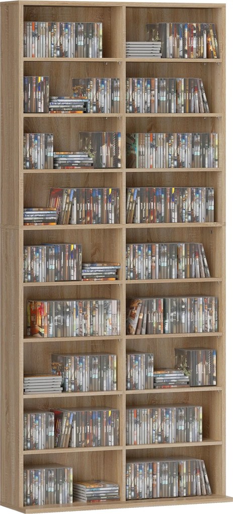 HOMCOM médiapolc CD-khez, DVD-khez és Blu-rayekhez – Akár 640 CD/360 DVD/430 Blu-ray, állítható polcok, natúr fa hatású (78,5 x 24 x 175 cm) | Aosom