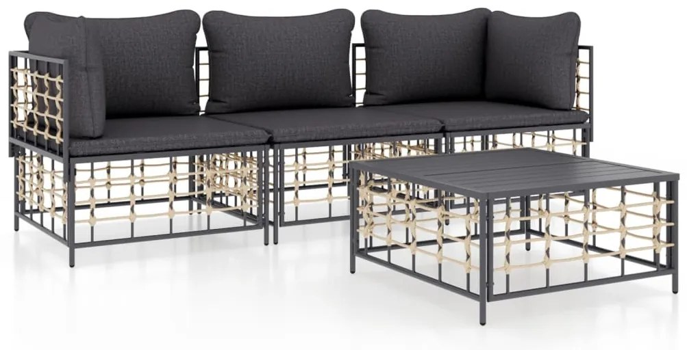 4 részes antracitszürke polyrattan kerti ülőgarnitúra párnákkal
