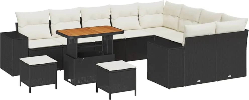 vidaXL Kerti Kanapé Szett párnával 12 pcs Fekete polirattan