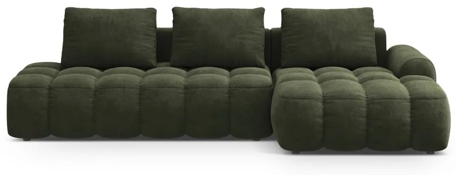 Zöld bársony kinyitható-tárolóhelyes sarokkanapé (jobb oldali-heverő résszel) Linz – Cosmopolitan Design