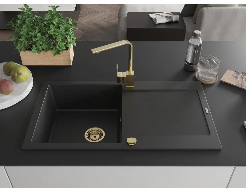 Mexen Leo, gránit mosogató 900x500x190 mm, 1 kamrás, fekete arany szifonnal és arany Rita mosogató csapteleppel, 6501-77-670300-50