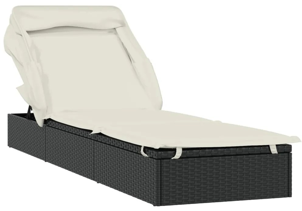 Fekete polyrattan napozóágy összecsukható tetővel 213x63x97 cm