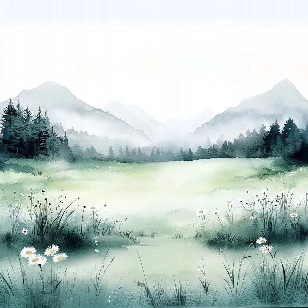 Vászonkép Canvas Akvarell Tájkép Hegyek Rét Virágok Tavasz Köd 40x40