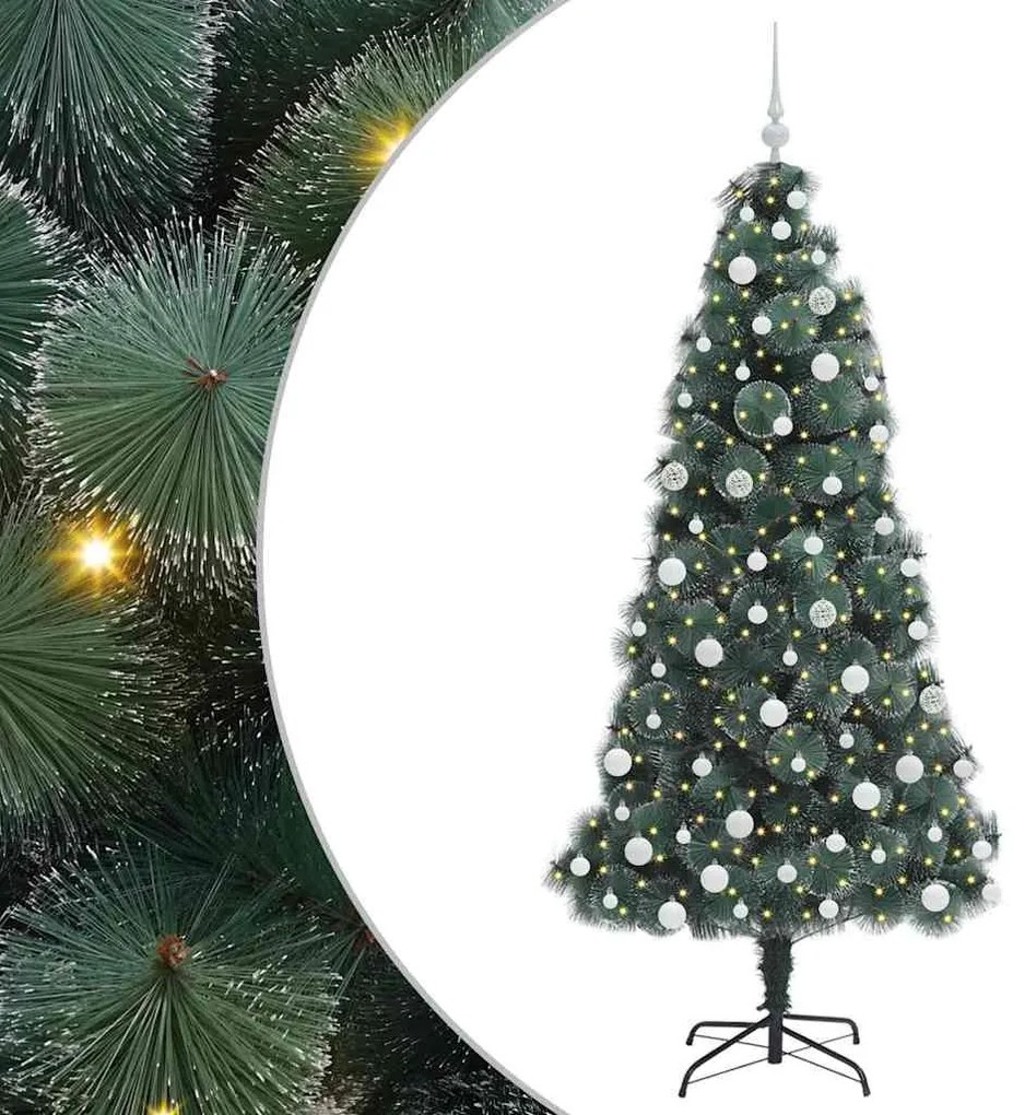 Műfenyő LED világítással és gömbszettel Zöld 180 cm PET