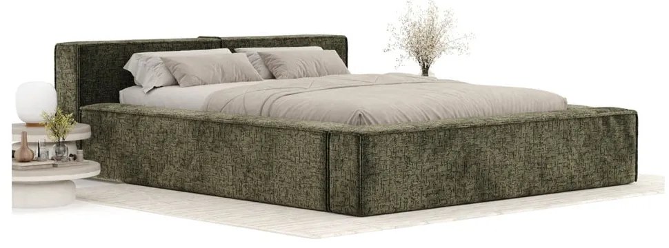 Sötétzöld kárpitozott ágyneműtartós franciaágy ágyráccsal 200x200 cm Voliera – Maison de Rêve