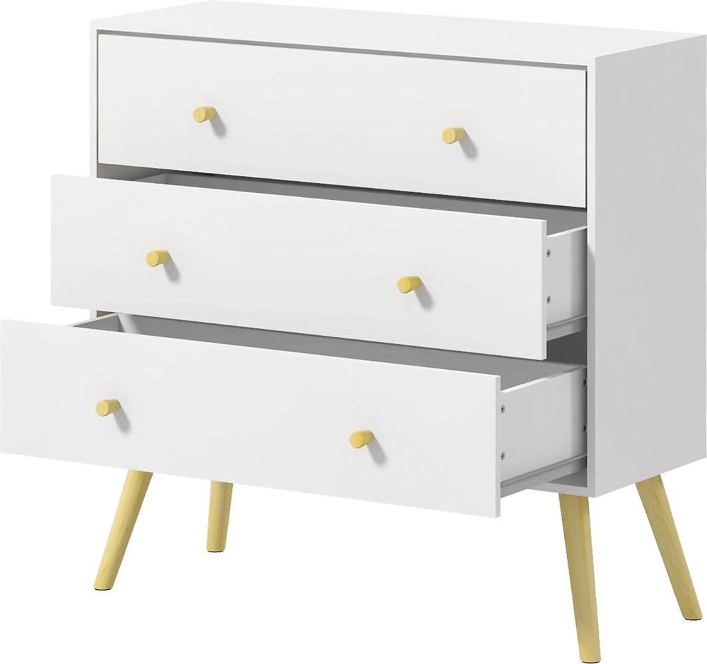 HOMCOM 3-fiókos Komód, Tölgyfából készült lábakkal, Lakószoba, Iroda, Hálószoba, Teherbírás: 70 kg, 80x30x80 cm, Fehér | Aosom