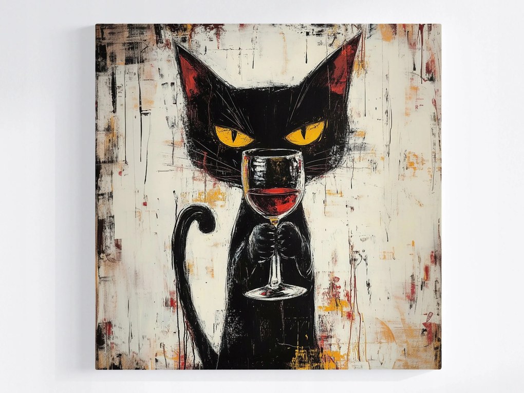 Vászonkép Canvas Bár Konyha Fekete Macska Portré Vörösbor 80x80