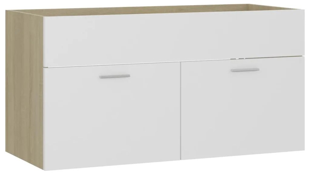 Fehér és sonoma tölgy szerelt fa mosdószekrény 90x38,5x46 cm