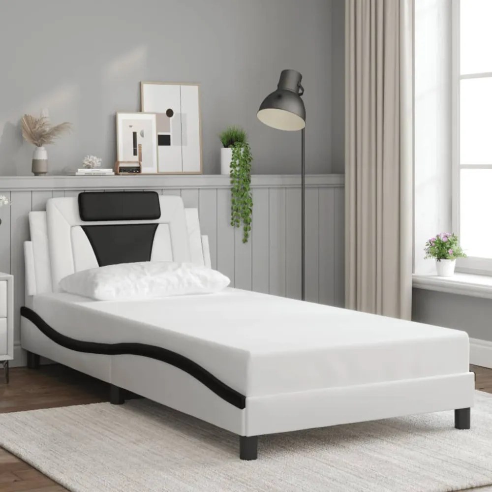fehér és fekete műbőr ágykeret LED-világítással 100 x 200 cm