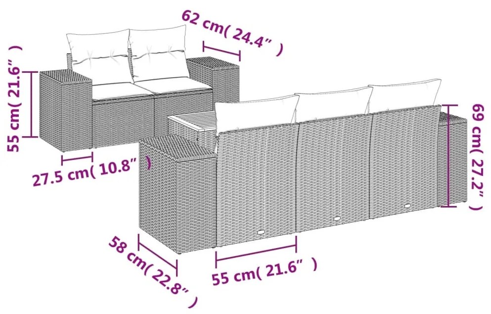 6 részes fekete polyrattan kerti ülőgarnitúra párnákkal