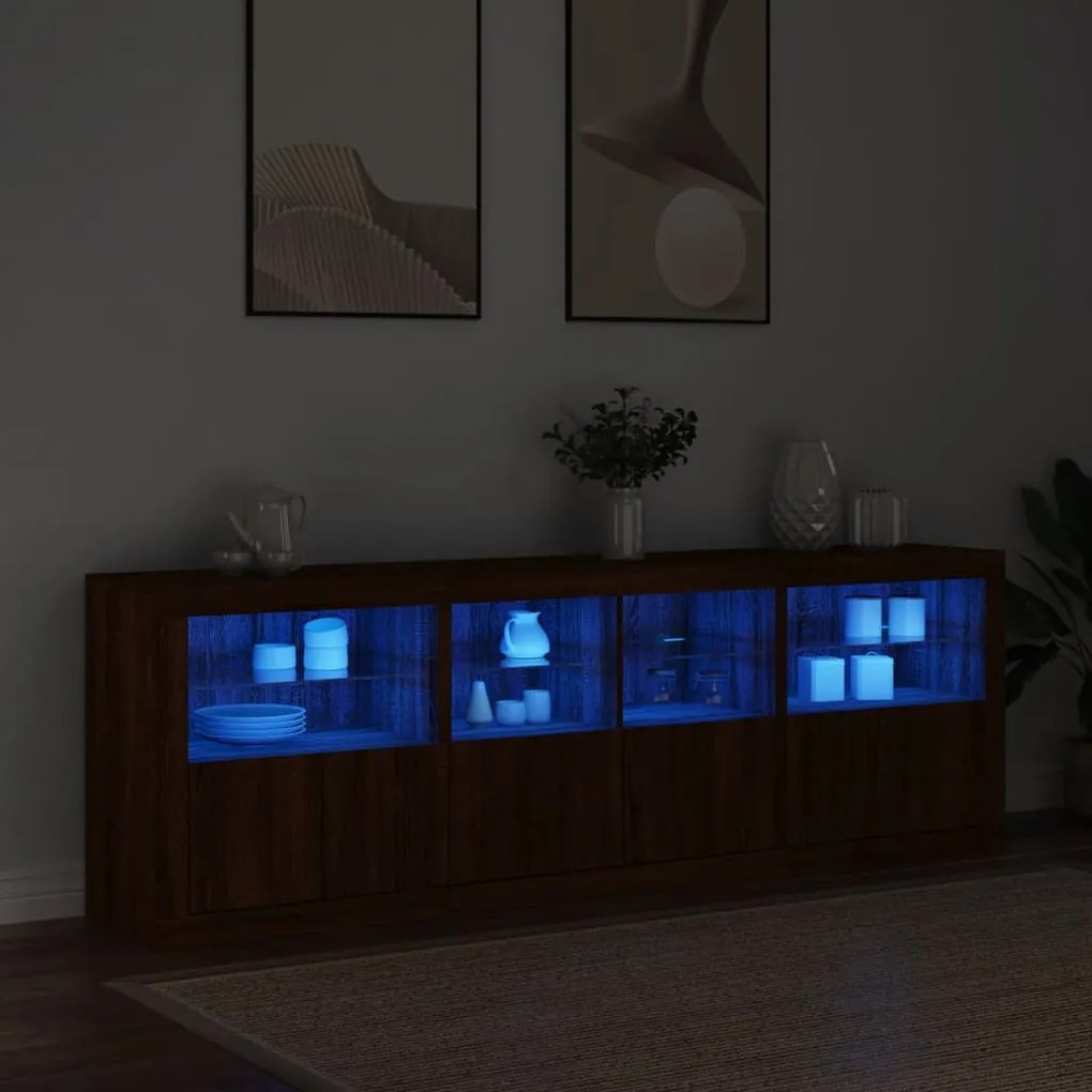 barna tölgy színű tálalószekrény LED-ekkel 202x37x67 cm