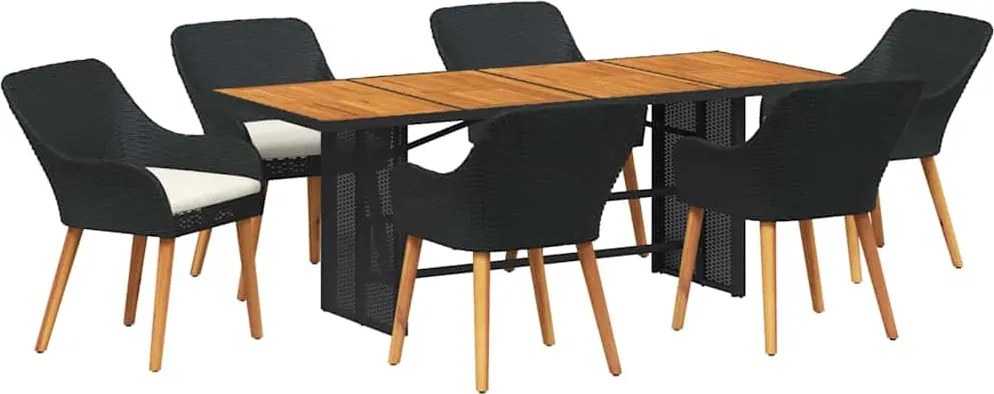 vidaXL Kert étkező szett párnával 7 pcs Fekete polirattan