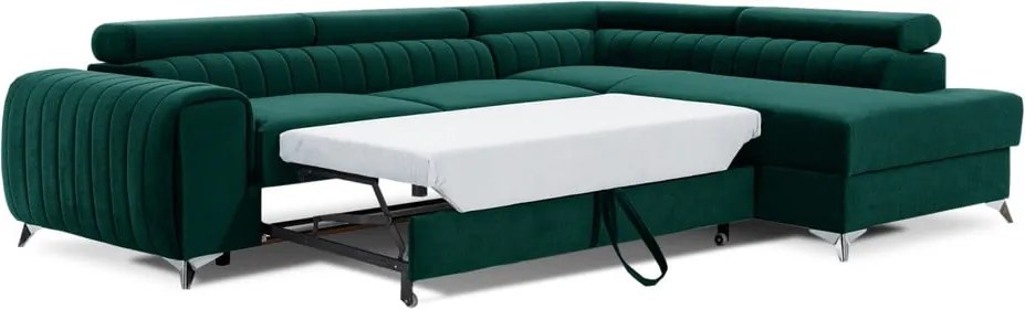 Zöld bársony kinyitható-tárolóhelyes sarokkanapé (jobb oldali-L alakú) Laurence – ELTAP