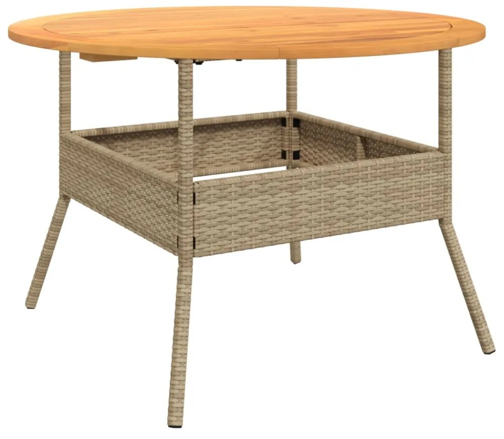 bézs polyrattan kerti asztal akácfa lappal Ø110 x 71 cm