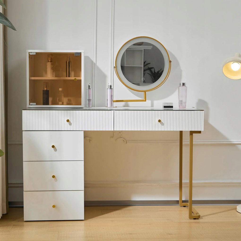 fésülködőasztal fiókkal Tükör Led világítással Edzett üveg asztallap