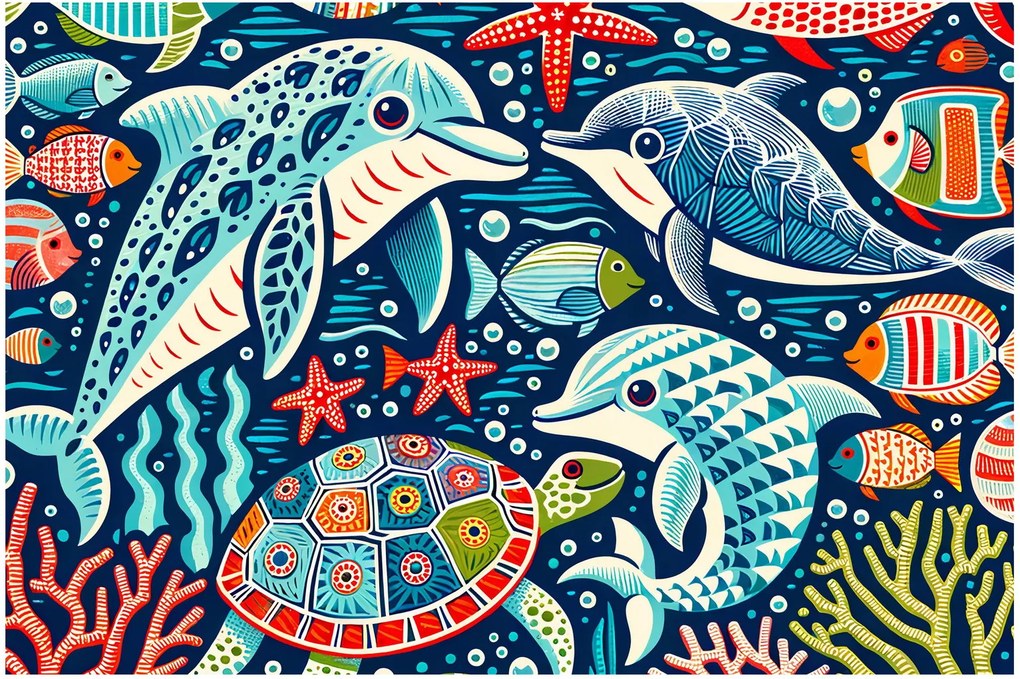 Kép – Rajzolt vízi állatok (90x60 cm)