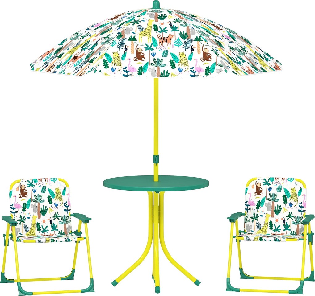 AIYAPLAY 4 részes gyerek kerti asztal és szék készlet — összecsukható asztal levehető napernyővel, dzsungel mintázat, zöld | Aosom