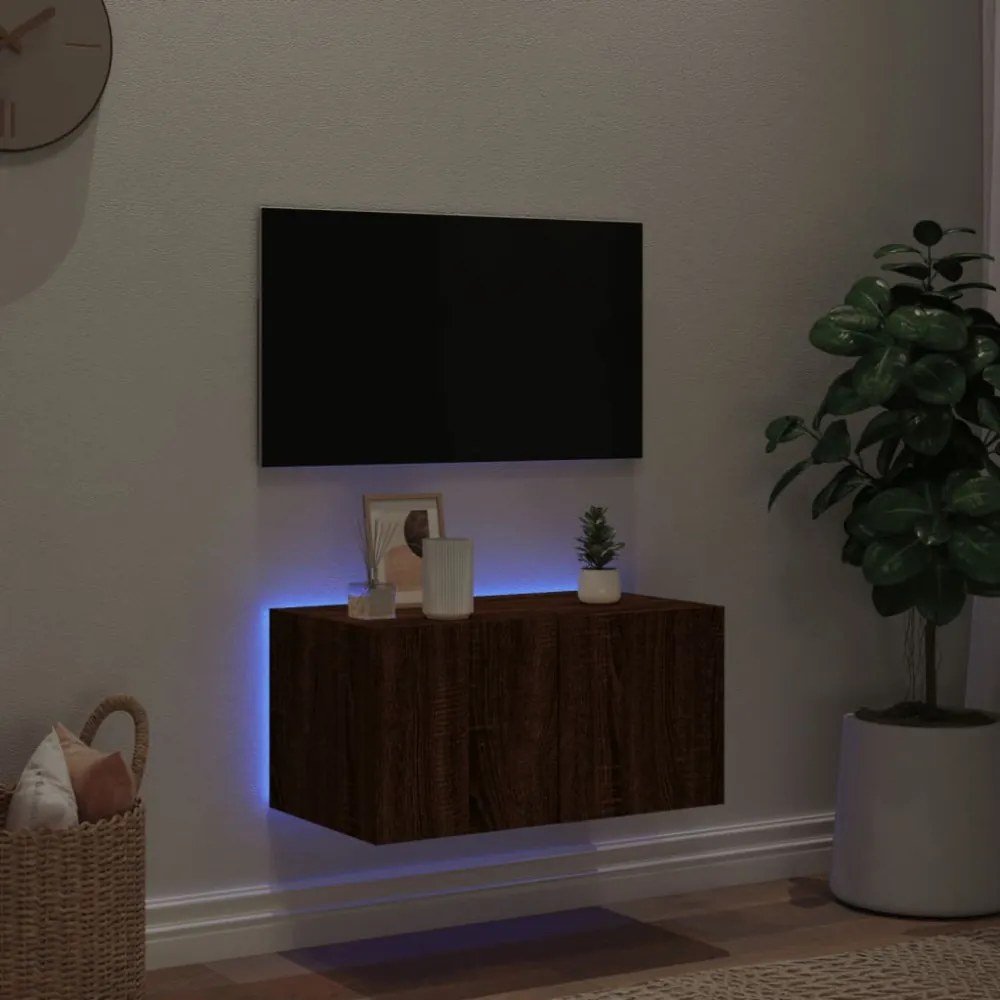 barna tölgyszínű fali TV-szekrény LED-del 60x35x31 cm