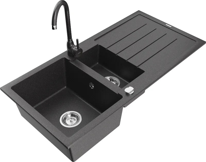 Mexen Andres 1,5 medencés gránit mosogató csepegtetővel és Telma konyhai csapteleppel, fekete leszórt - 6515-76-670200-76