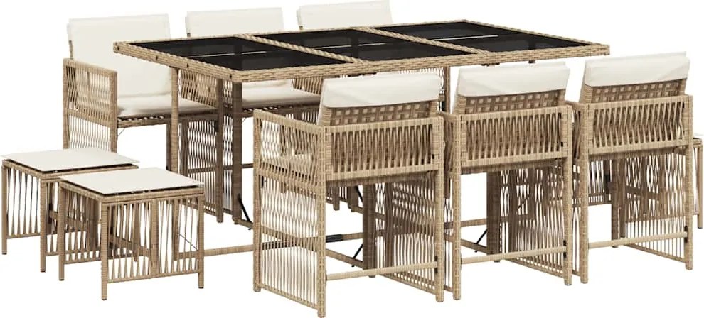 vidaXL 11 részes bézs polyrattan kerti étkezőgarnitúra párnákkal