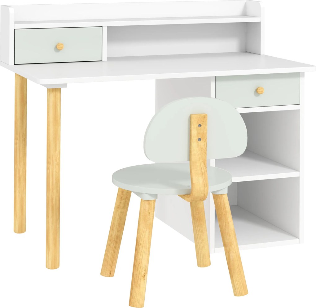 AIYAPLAY Gyermek Íróasztal és Szék Szett 3 Éves Kortól Tanulóasztallal Fiókokkal és Polcokkal Gyerekszobába, Játék Szobába Halaszöld és Fehér | Aosom
