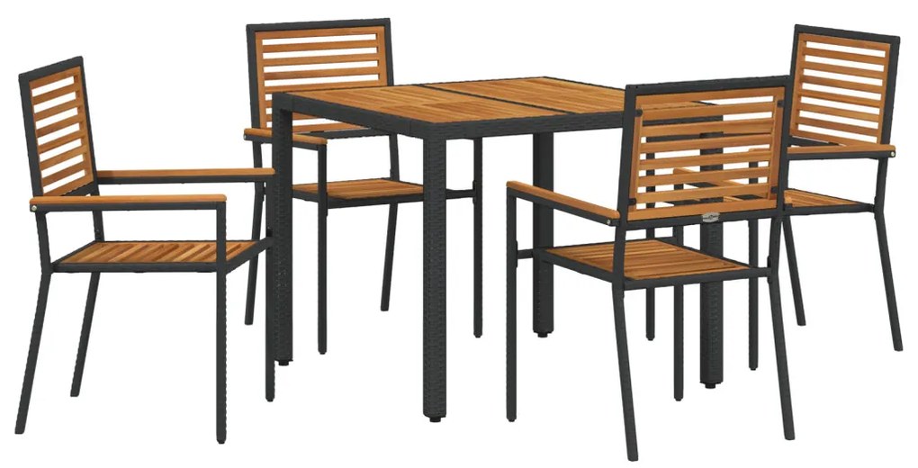 5 darabos kerti étkező szett fekete polyrattan akáccal, rakható kerti székek párnákkal 2 db fekete polyrattan