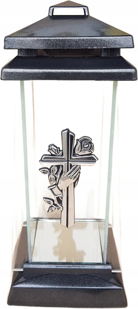 Üveg Mécses Kápolna kereszttel ezüst trapéz 24cm