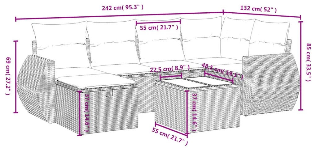 7 részes bézs polyrattan kerti ülőgarnitúra párnákkal