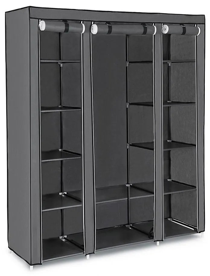 MATIS 150x175 cm tároló textilszekrény polcokkal és ruhatartó rúddal, szürke