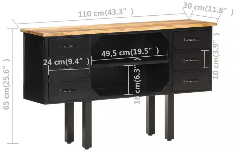 tömör nyers mangófa és acél komód 110 x 30 x 65 cm