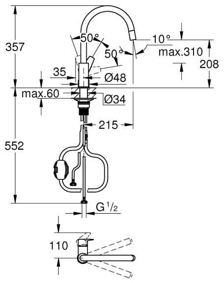 GROHE 30551000 - START EDGE mosogató csaptelep 357 mm, fényes króm