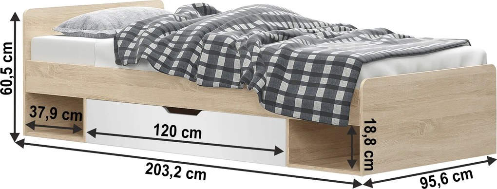 Ágy 1S/90, fehér/tölgy sonoma, TEYO