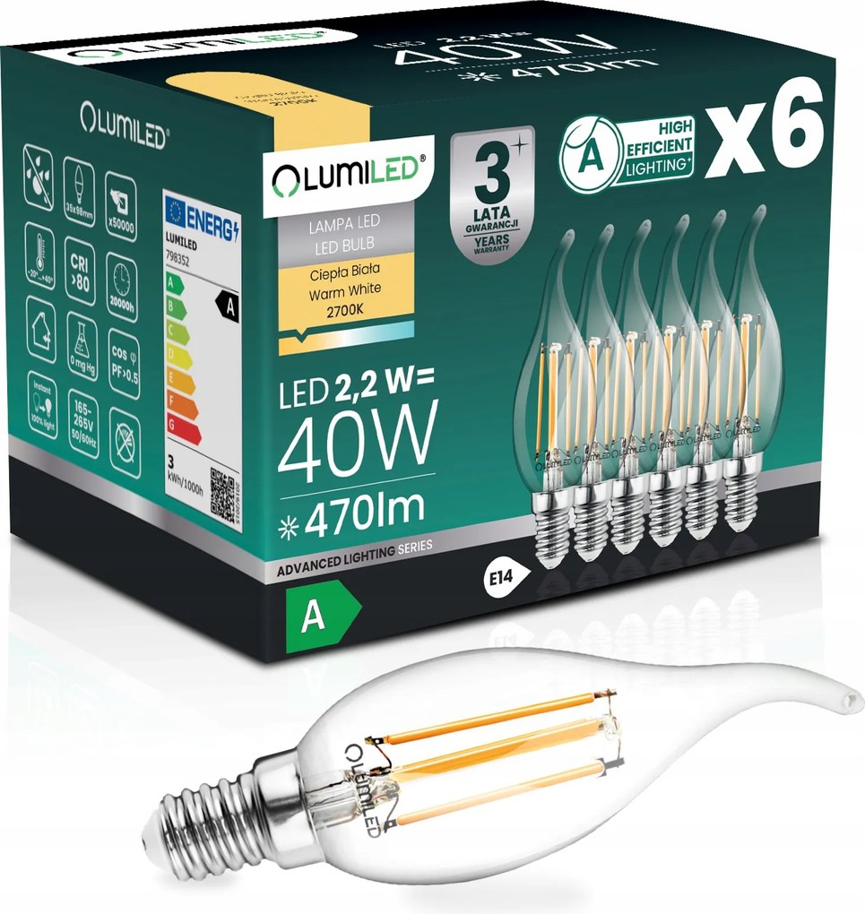 6x Led Izzó E14 Filament A-osztály 2,2W 470LM 40W 2700K 360° Gyertya