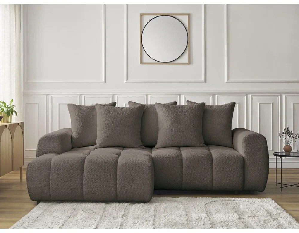 Barna buklé kinyitható-tárolóhelyes sarokkanapé (bal oldali-heverő résszel) Roxelane – Bobochic Paris