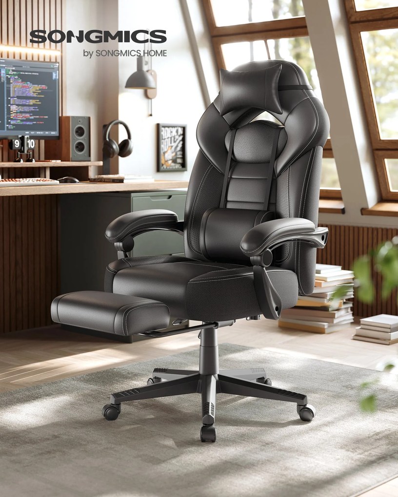 Játékos szék lábtartóval, ergonomikus kialakítással, fekete színben