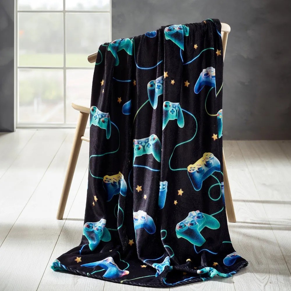 Fekete-kék mikroplüss gyerek takaró 130x170 cm Gamer – Catherine Lansfield
