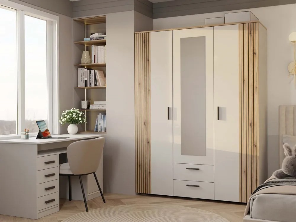 Ava 150 gardróbszekrény, 150 cm, tükörrel, 2 fiók, bordázott front, tölgy - kasmír