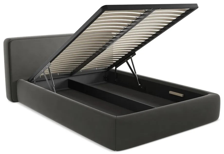 Sötétszürke kárpitozott ágyneműtartós franciaágy ágyráccsal 160x200 cm Kiana – Makamii